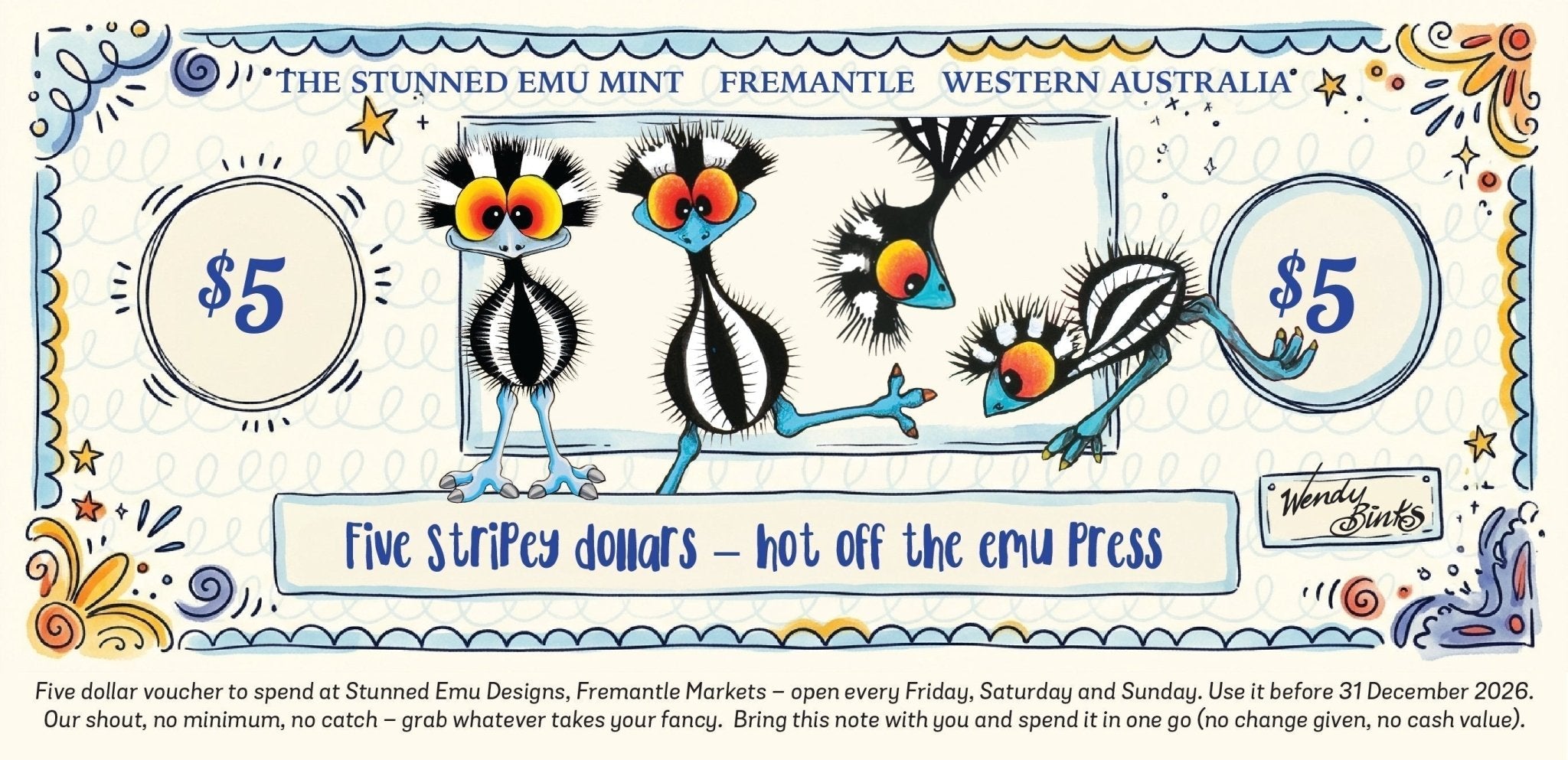 Winners, runners-up, and Stripey Dollars hot off the emu press - Stunned Emu Designs by Wendy Binks