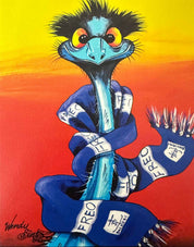 Colorful painting of a stylized emu with a freo dockers scarf and red background