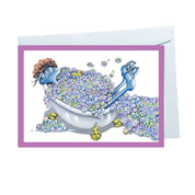 Greeting card with a decorative number '5' filled with colorful bubbles and a blue hand holding a yellow starfish.