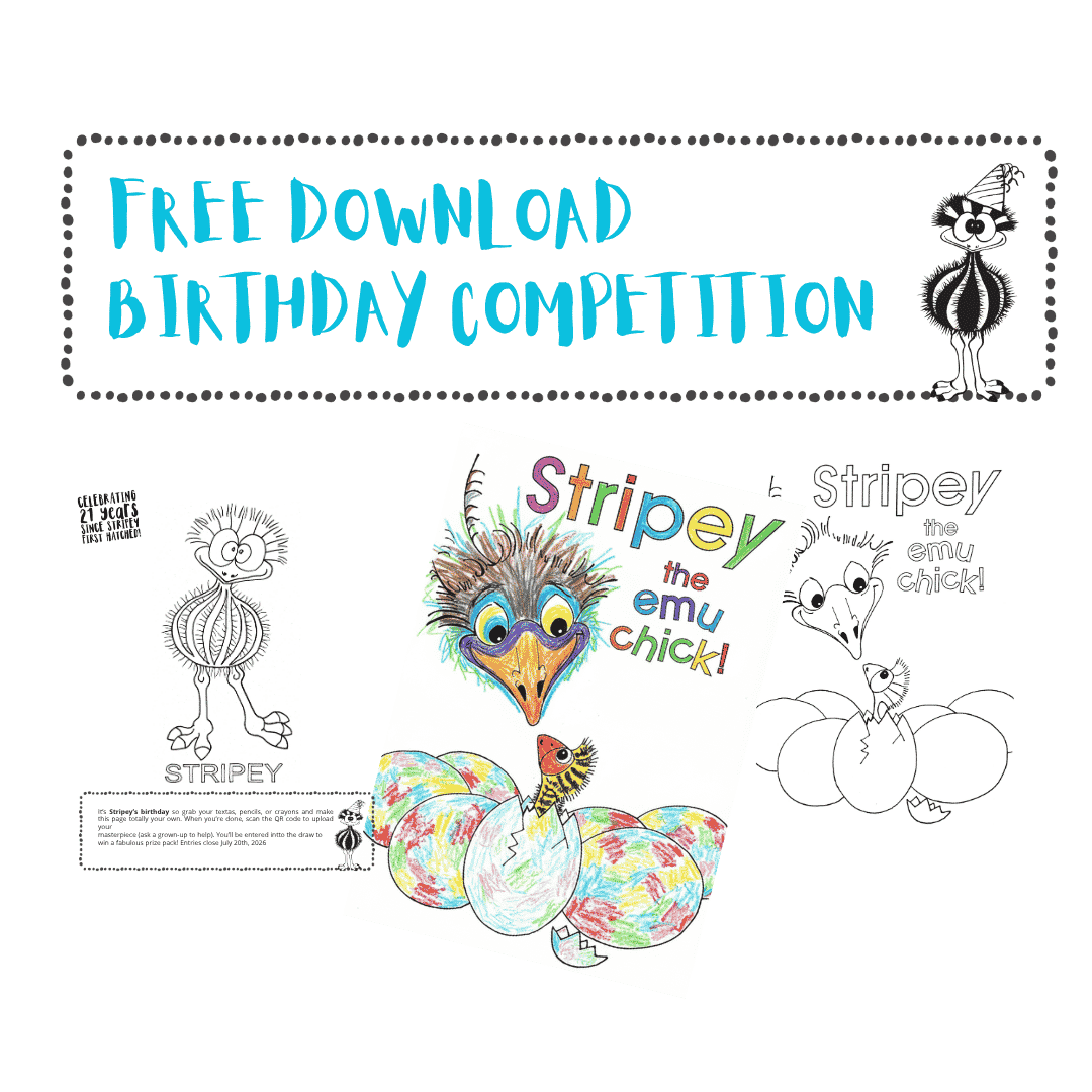 Promotional graphic for 'Stripey the Emu Chick' with coloring pages and text about a free download birthday competition.