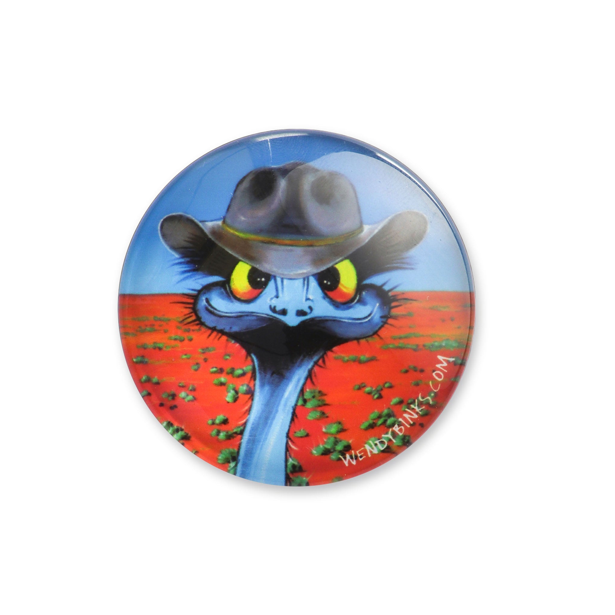 Emu with Akubra – Glass Magnet - Stunned Emu Designs by Wendy Binks