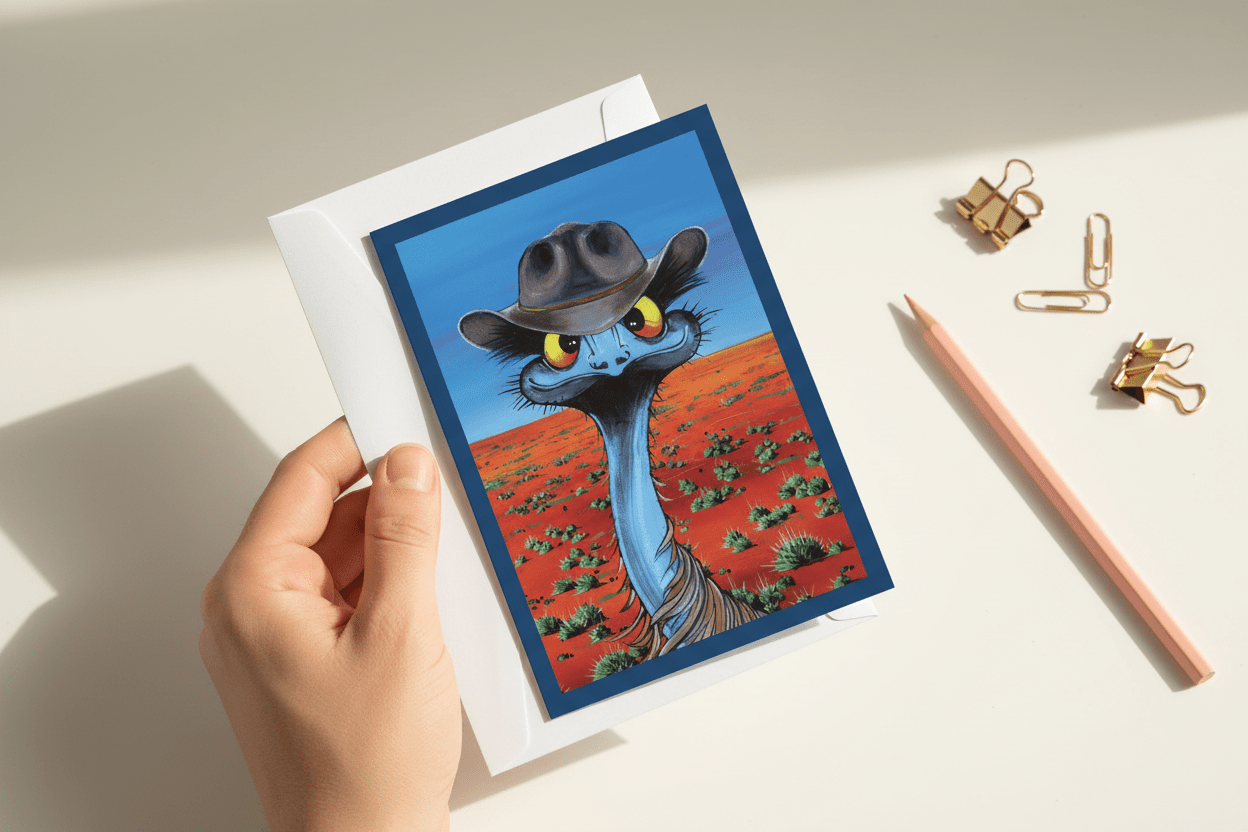 Emu with Akubra – Greeting Card - Stunned Emu Designs by Wendy Binks