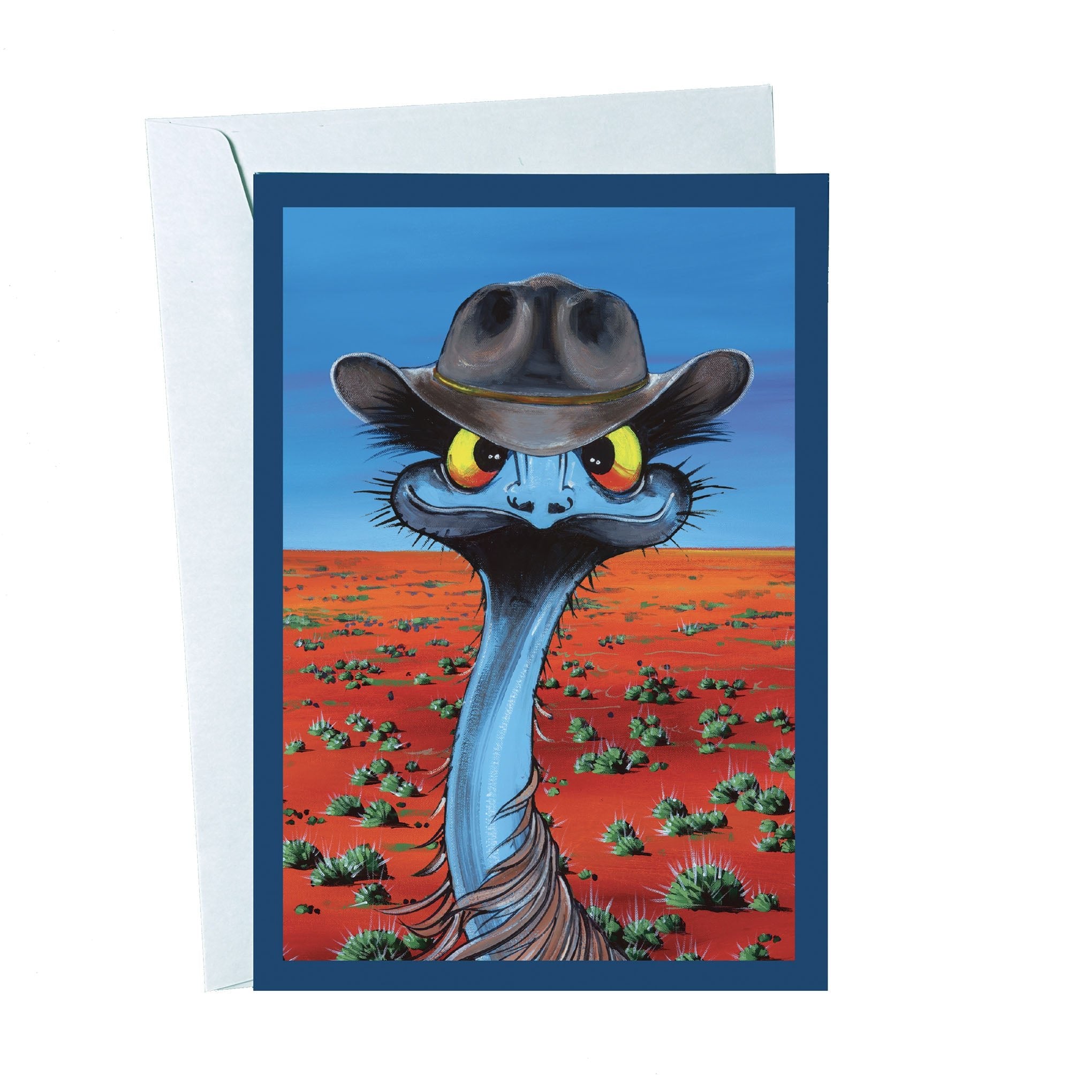 Emu with Akubra – Greeting Card - Stunned Emu Designs by Wendy Binks
