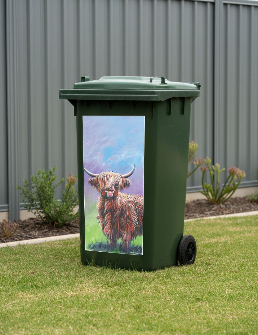 Highland Cow Greener Grass – Bin Sticker - Stunned Emu Designs by Wendy Binks
