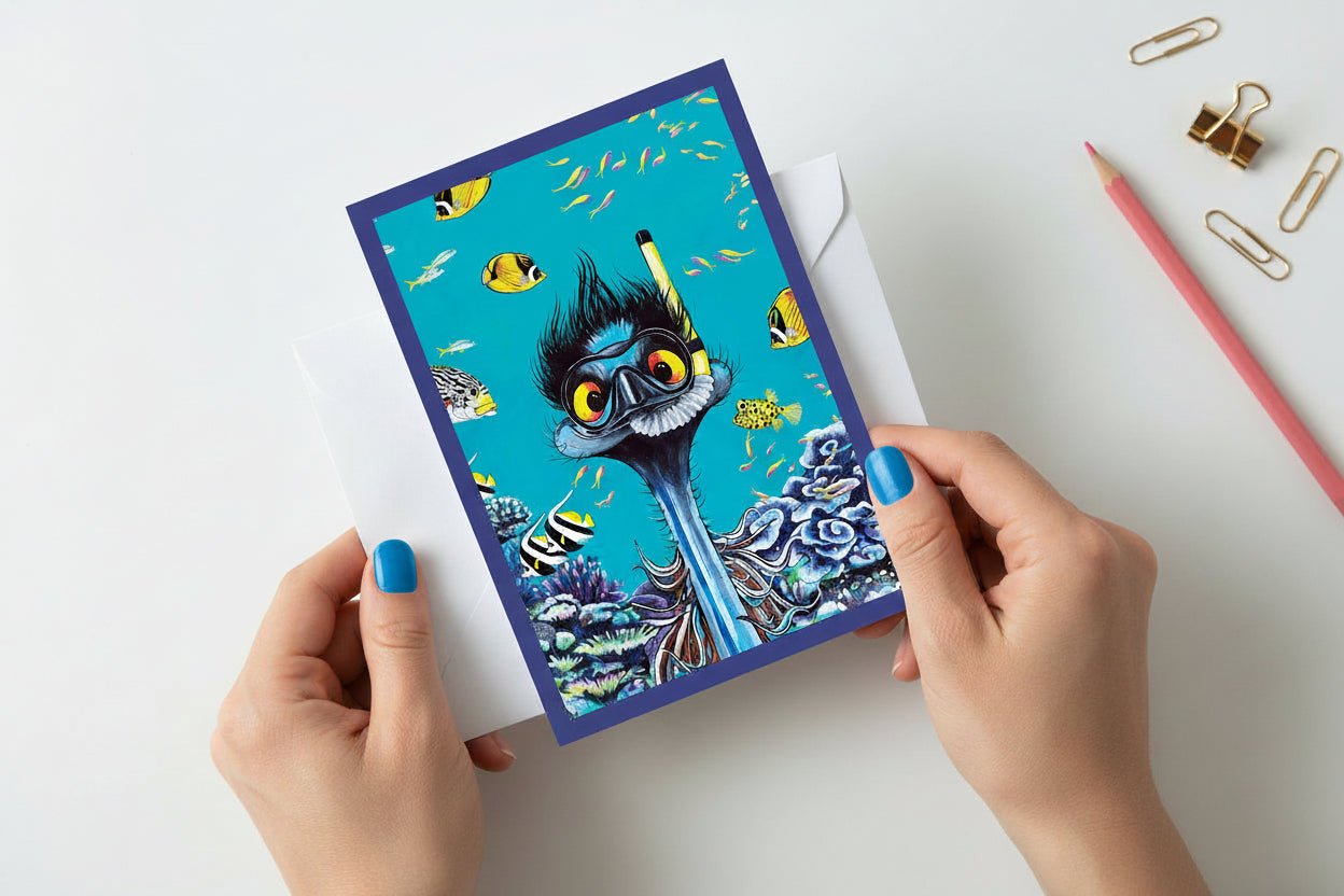 Snorkelling Emu – Greeting Card - Stunned Emu Designs by Wendy Binks