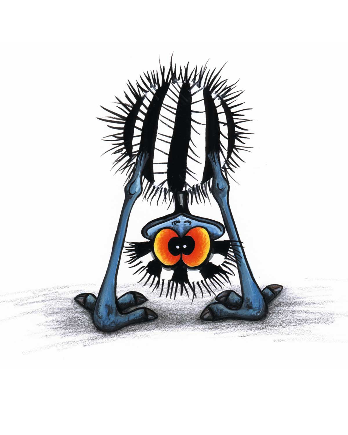 Illustration of Stripey the emu chick upside down from Where's Stripey? by Wendy Binks, published by Stunned Emu Press.