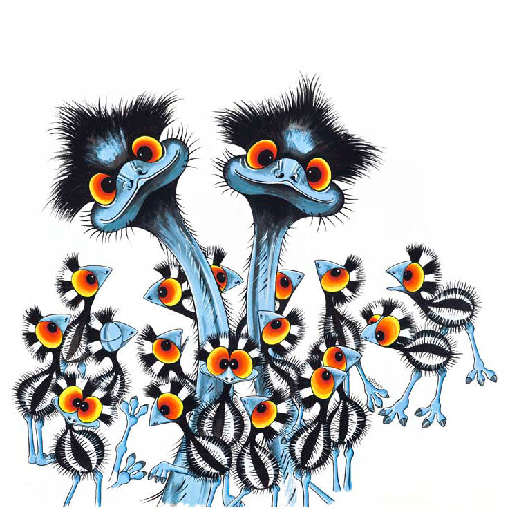 Wendy Binks illustration of emu dad Crikey surrounded by 30 striped emu chicks from the Australian children's picture book Where's Stripey?