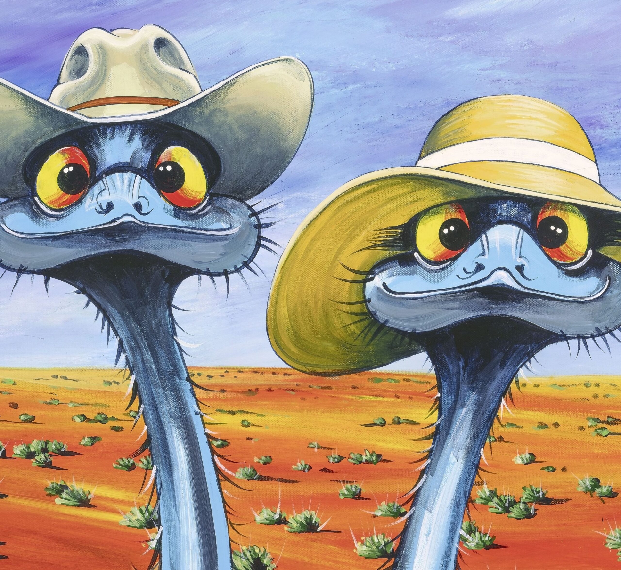 2 emus with hats detail